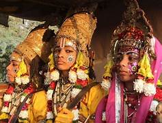 The swaroops of the Ramnagar Ramlila in crowns and garlands